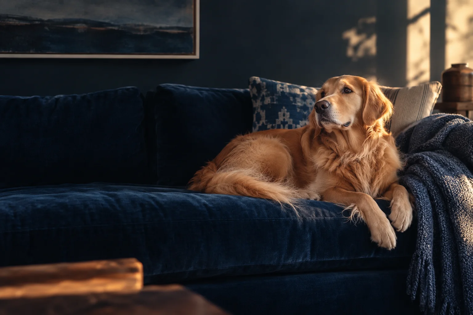 Illustration: Ein Hund liegt entspannt auf einem Sofa.